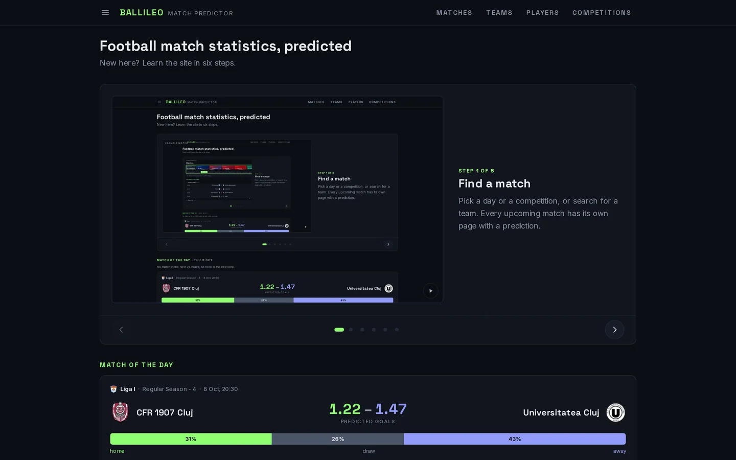 The Matches page, with the days and the competitions at the top