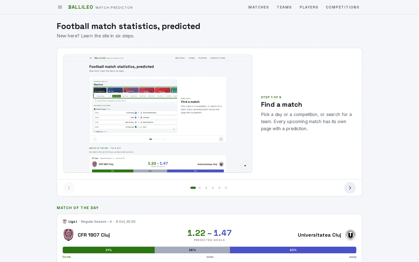 The Matches page, with the days and the competitions at the top