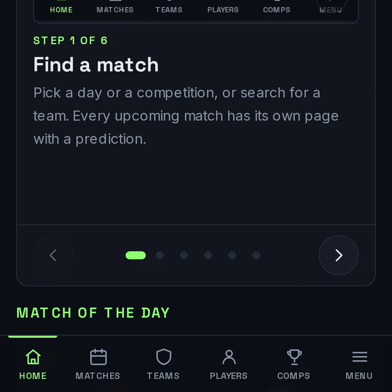 The Matches page, with the days and the competitions at the top