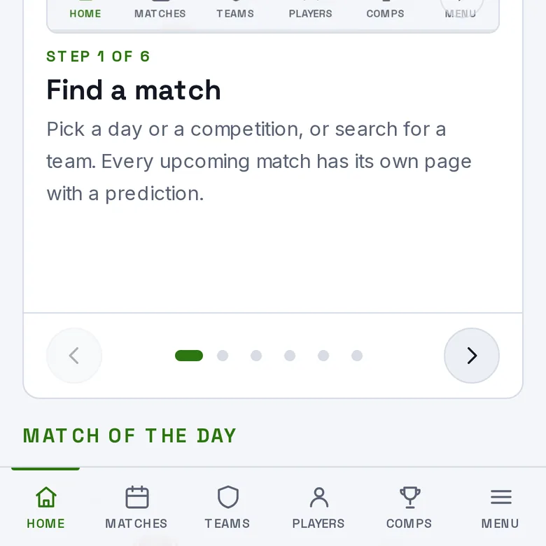 The Matches page, with the days and the competitions at the top