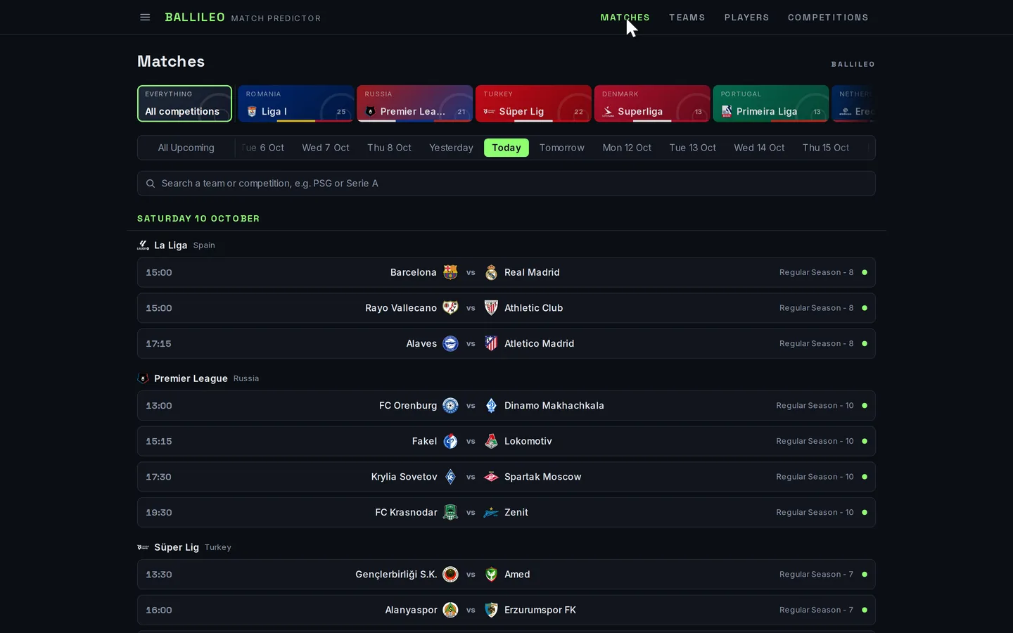A match page listing the predicted statistics for both teams