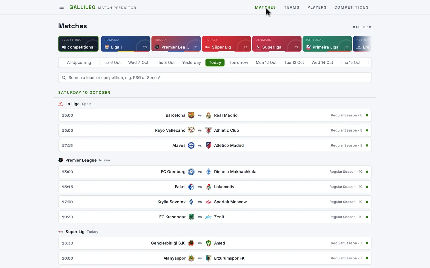 A match page listing the predicted statistics for both teams