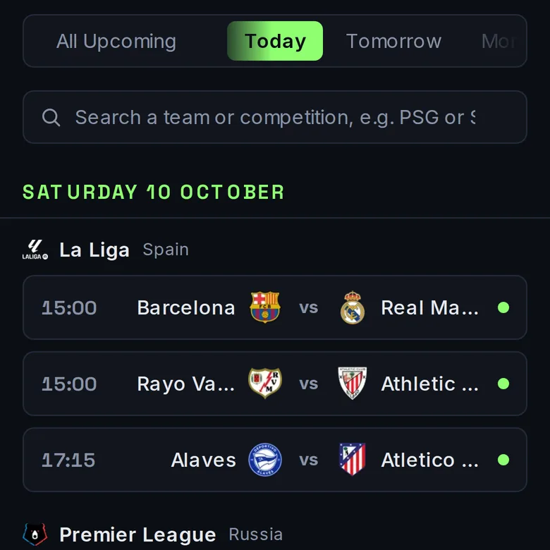 A match page listing the predicted statistics for both teams