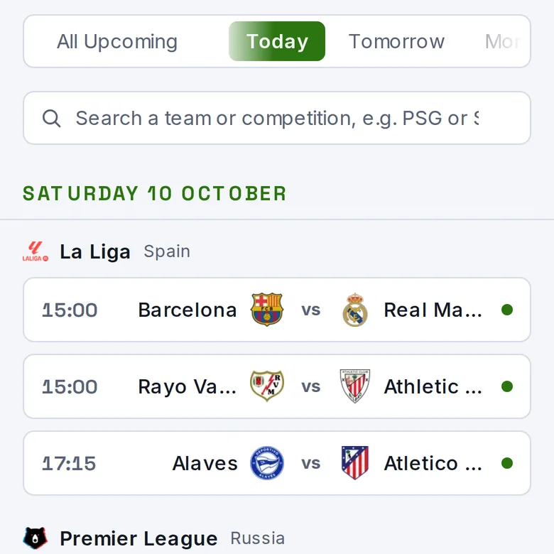 A match page listing the predicted statistics for both teams